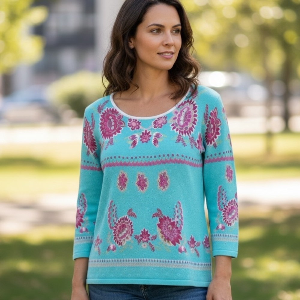 Joseph A. Teal Floral Knit Top L 3/4 Sleeve Stretch Boho Retro Mod Pattern Sz L